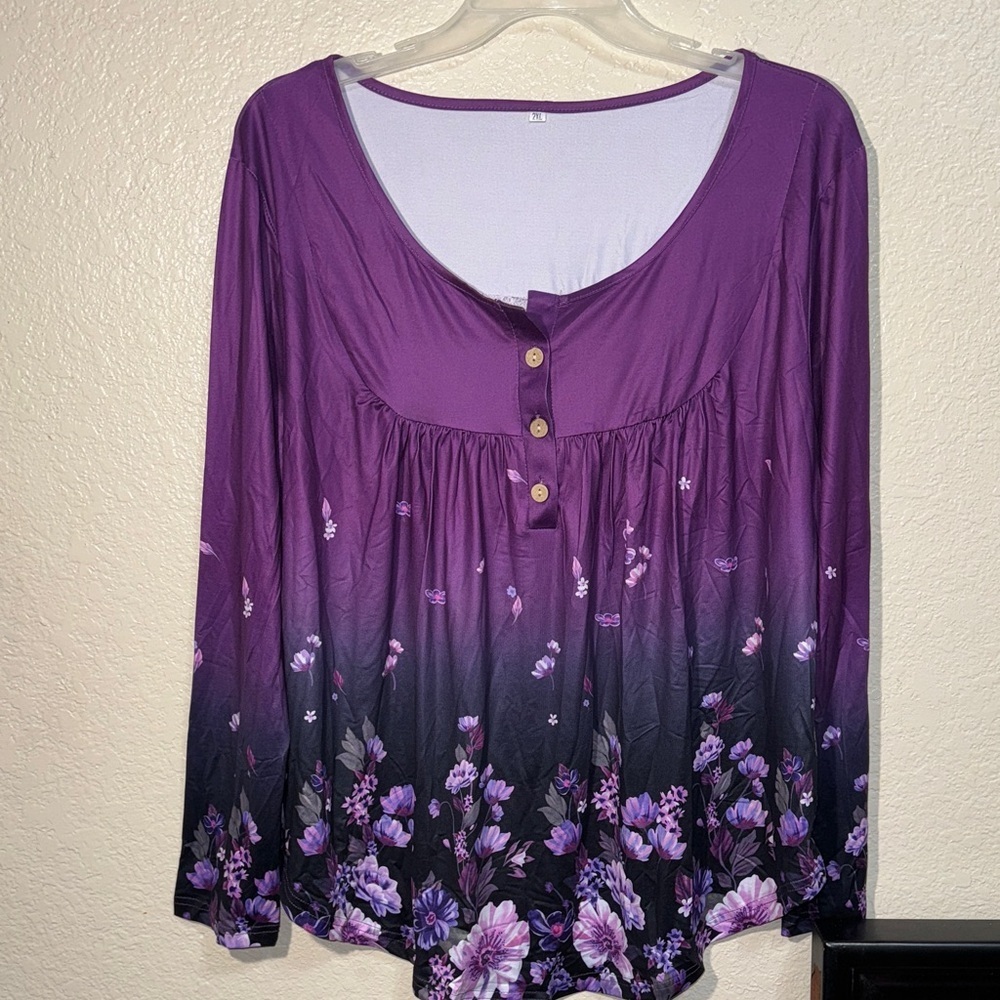Purple Floral Blouse Women’s 2XL Button Detail Casual Long Sleeve Top Plus Size